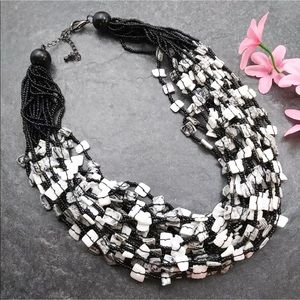 Vintage White/Black Shell & Seed Beads Multi Strand Necklace 20-23”